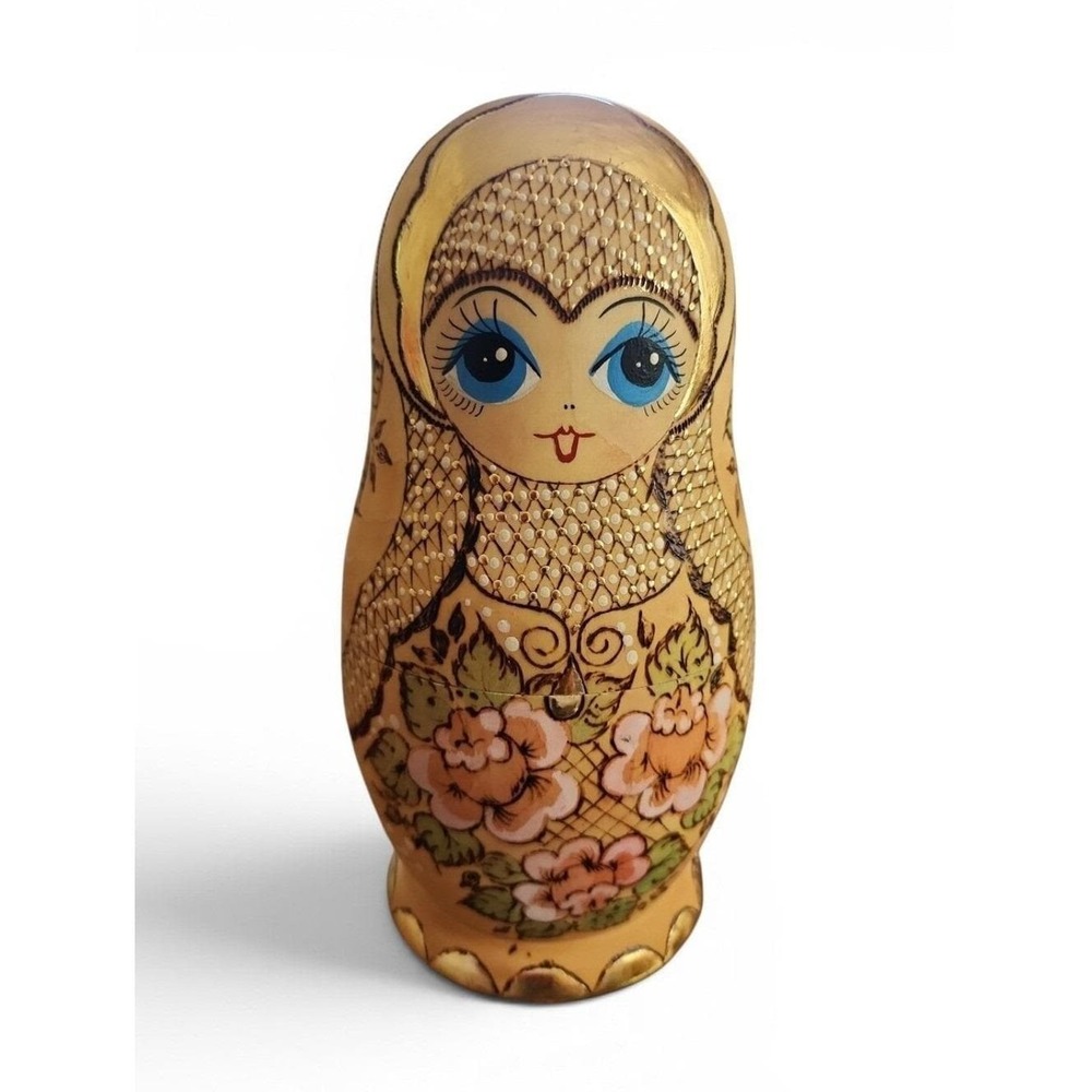 Russian Matryoshka Nesting Dolls 10 Piece 7.5" Gold Floral Folk Art Collectible